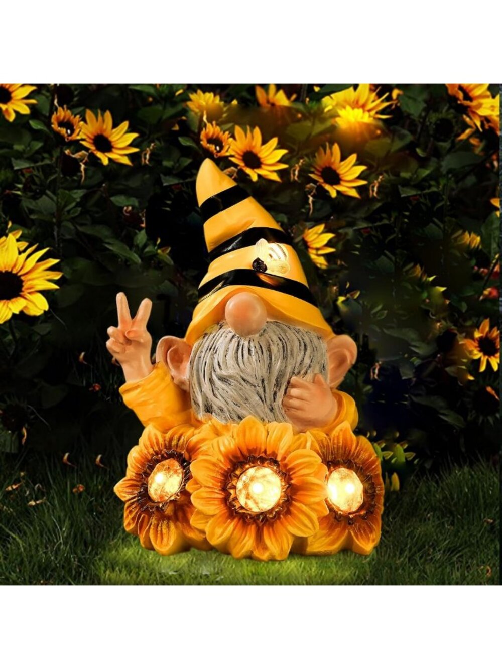 Solar Garden Gnome Statue with Crystal Sunflower Lights - Outdoor Bee Figurine